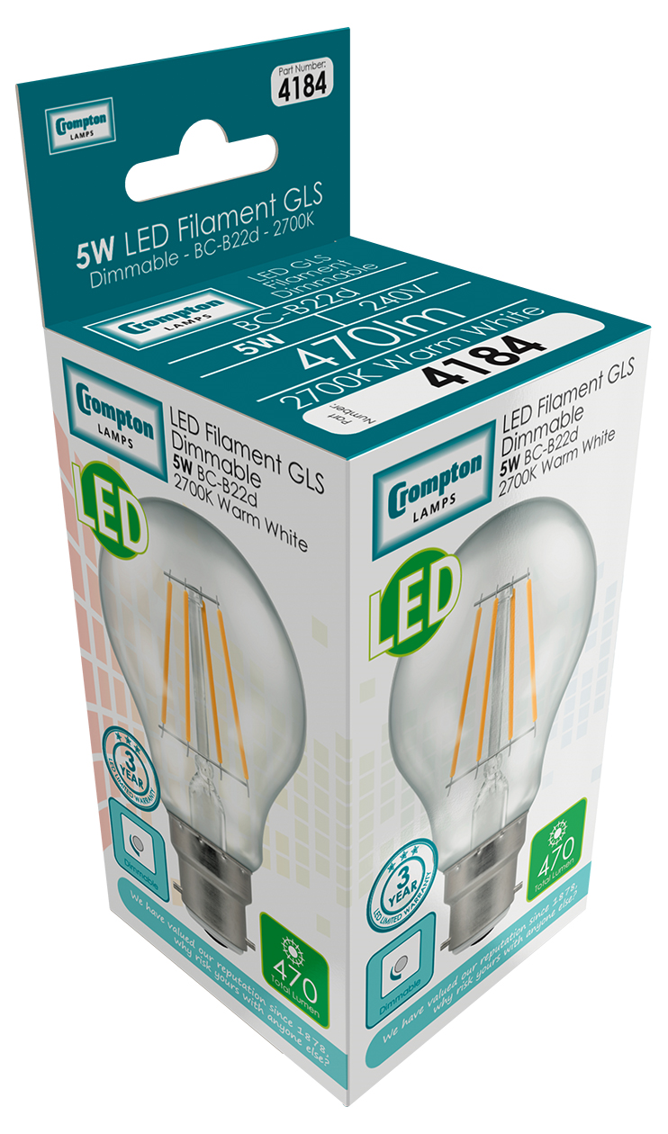 Crompton 4184 LED BC-B22d 5W 2700K Clear - S R Electrical