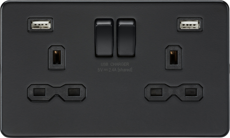 MLA SFR9224MBB 2G DP SWITCHED SOCKET OUTLET + TWIN USB | MATT BLACK | SCREWLESS