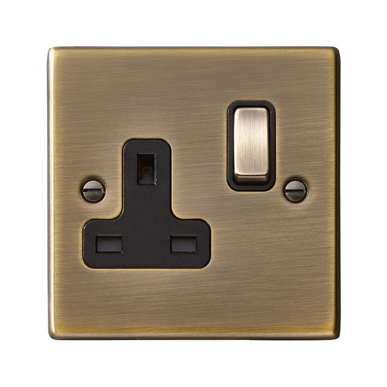 Hamilton Hartland Antique Brass 1G 13A Double Pole Switched Socket with Antique Brass Inserts and Black Surround