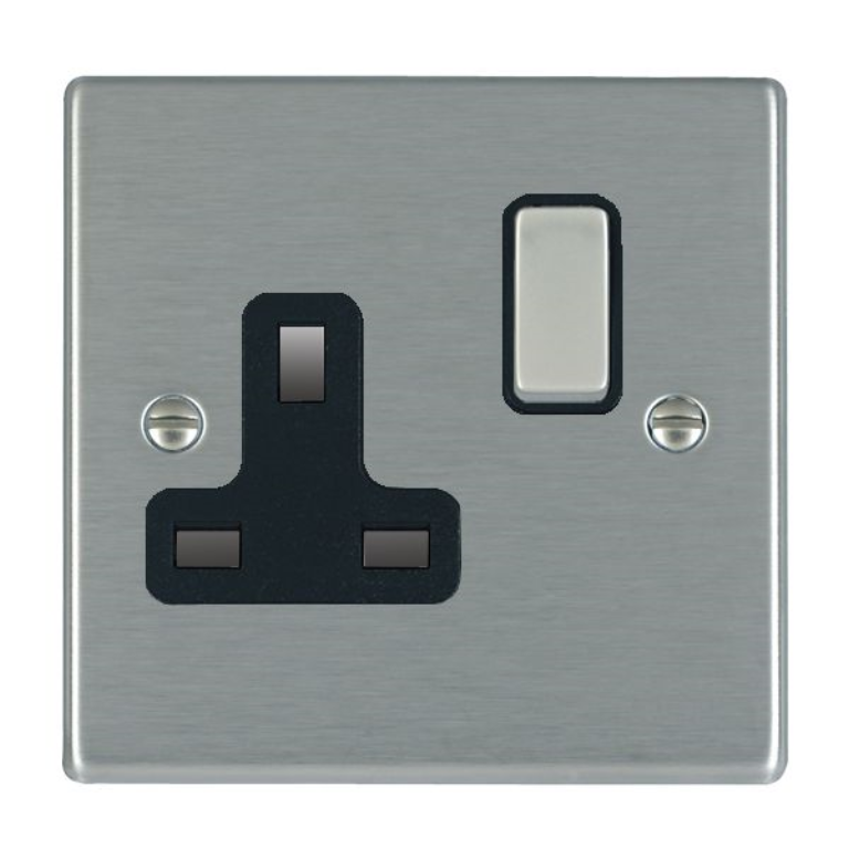 Hamilton Hartland Satin Stainless 1 Gang 13A Double Pole Switched Socket with Satin Stainless Inserts + Black Surround