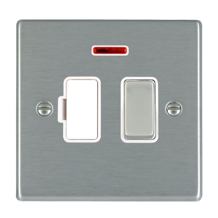 Hamilton Hartland Satin Stainless 1 Gang 13A Double Pole Fused Spur + Neon with Satin Stainless Inserts + White Surround