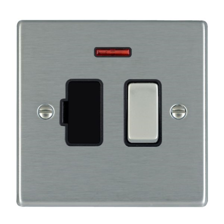 Hamilton Hartland Satin Stainless 1 Gang 13A Double Pole Fused Spur + Neon with Satin Stainless Inserts + Black Surround