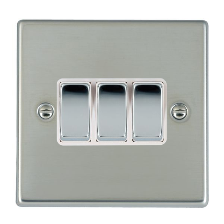 Hamilton Hartland Bright Stainless 3 Gang 10AX 2W Rocker Switch with Bright Chrome Inserts and White Surround