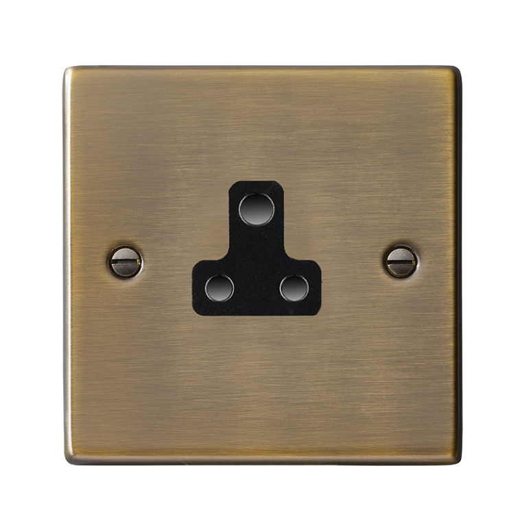 Hamilton Hartland Antique Brass 1 Gang 5A Unswitched Socket with Black Plastic Inserts and Black Surrounds