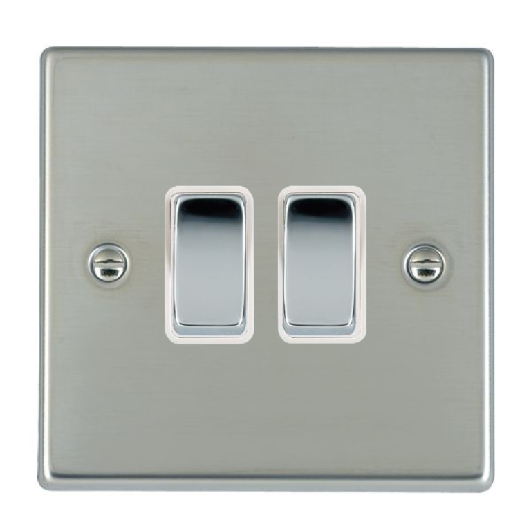 Hamilton Hartland Bright Stainless 2 Gang 10AX 2W Rocker Switch with Bright Chrome Inserts + White Surround