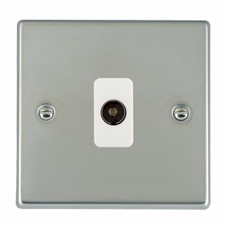 Hamilton Hartland Bright Stainless 1 Gang Non Isolated TV 1 In/1 Out Socket with White Inserts