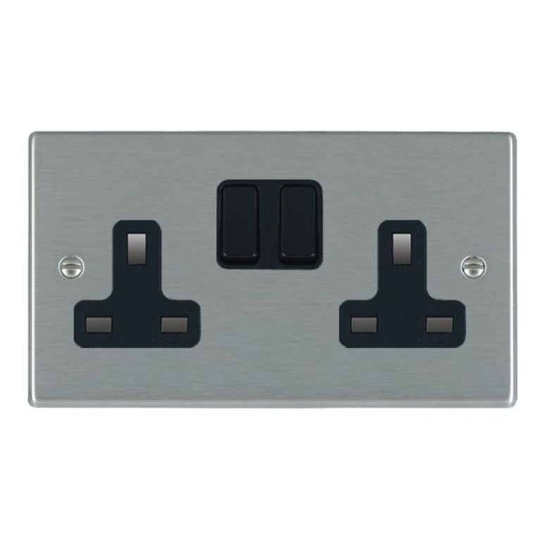 Hamilton Hartland Satin Stainless 2 Gang 13A Double Pole Switched Socket with Black Plastic Inserts + Black Surround