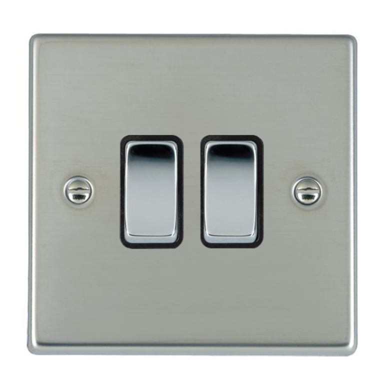 Hamilton Hartland Bright Stainless 2G 10AX 2W Rocker Switch with Bright Chrome Inserts + Black Surround