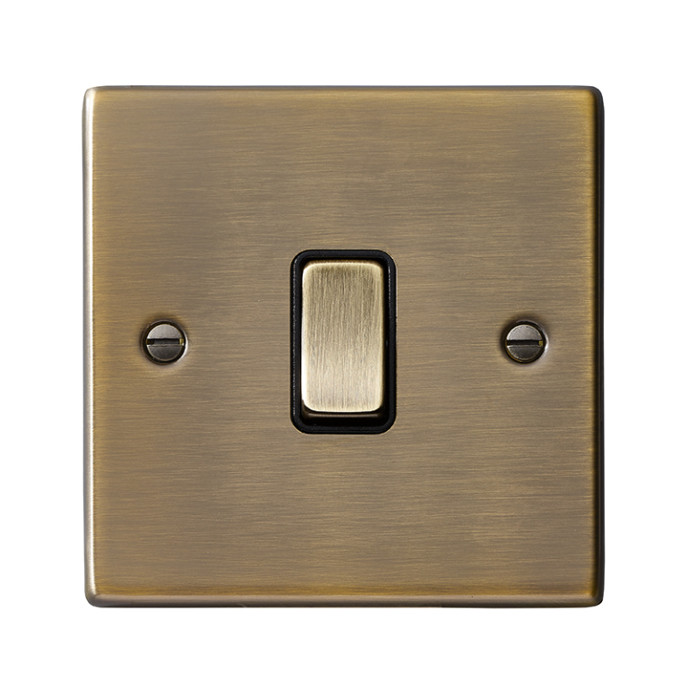 Hamilton Hartland Antique Brass 1 Gang 10AX 2W Rocker Switch with Antique Brass Inserts and Black Surrounds