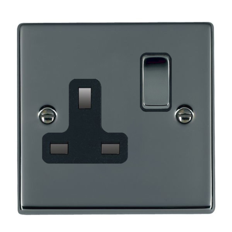 Hamilton Hartland Black Nickel 1G 13A Double Pole Switched Socket with Black Nickel Inserts + Black Surround