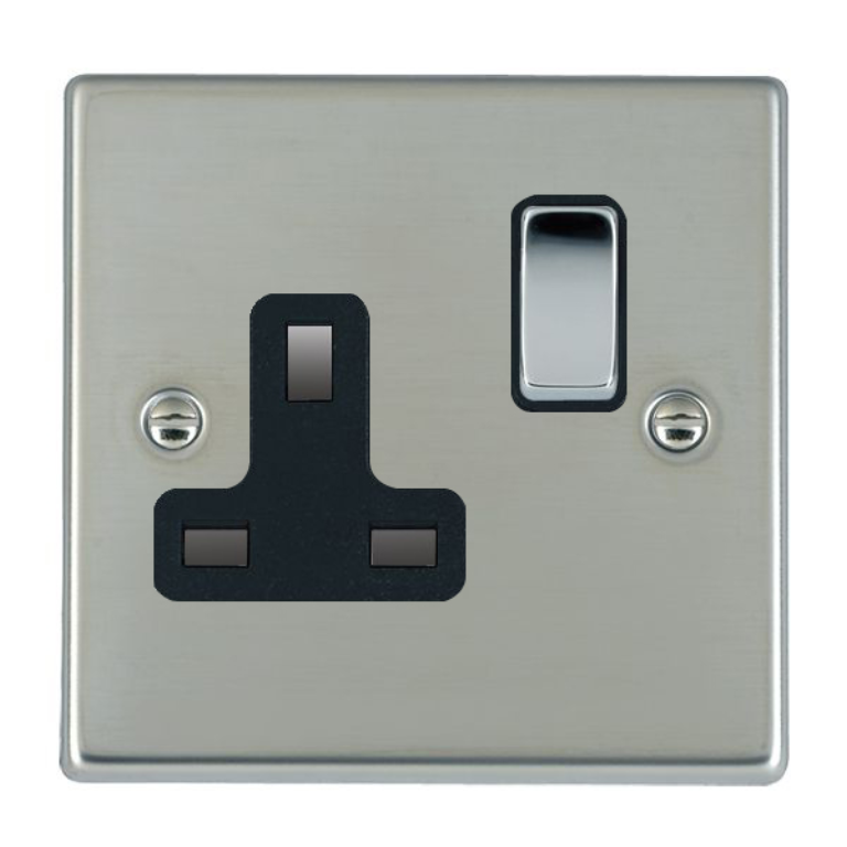 Hamilton Hartland Bright Stainless 1 Gang 13A Double Pole Switched Socket with Bright Chrome Inserts Black Surround