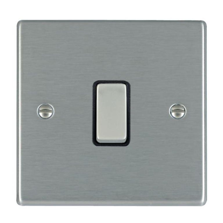 Hamilton Hartland Satin Stainless 1 Gang 20AX Double Pole Rocker Switch with Satin Stainless Inserts + Black Surround