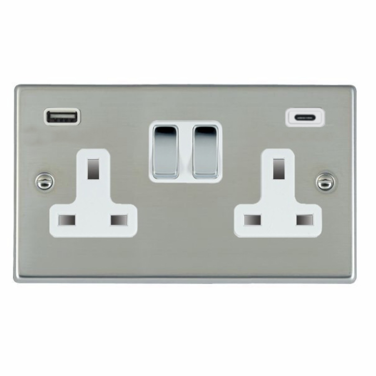 Hamilton Hartland Bright Steel 73SS2USBCBC-W Switched Double Socket USB+C 2G DP BC/Bk