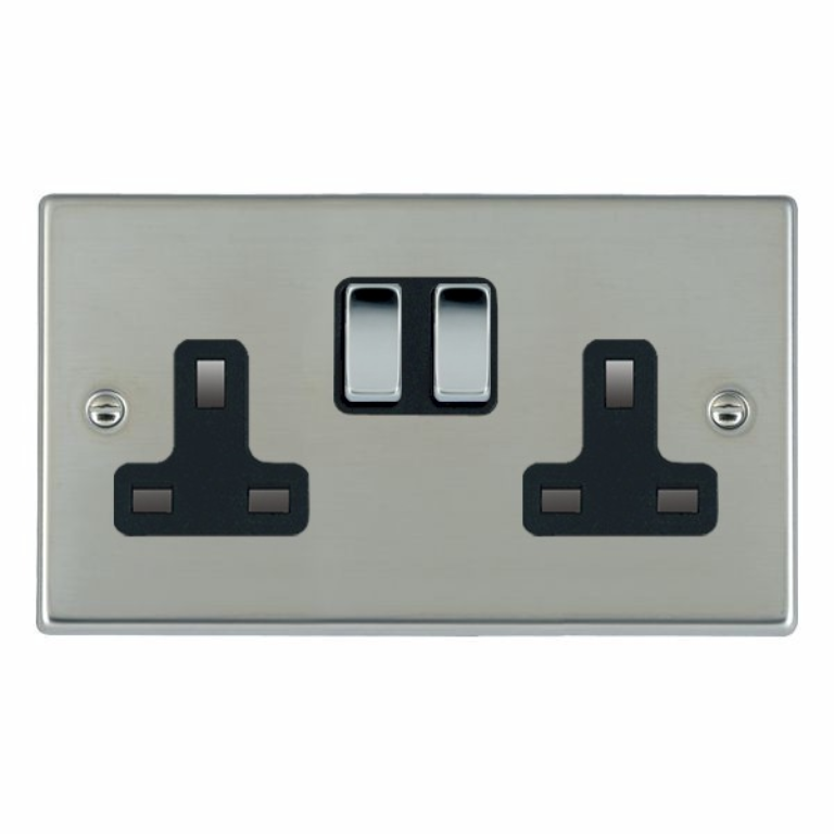 Hamilton Hartland Bright Stainless 2 Gang 13A Double Pole Switched Socket with Bright Chrome Inserts + Black Surround