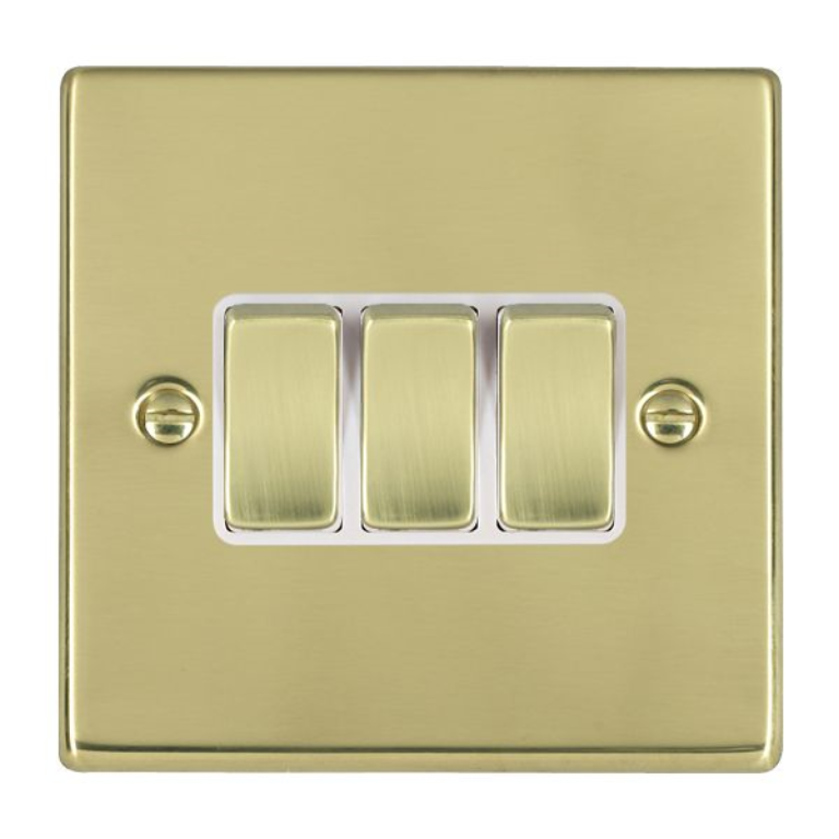 Hamilton Hartland Polished Brass 3 Gang 10AX 2W Rocker Switch with Polished Brass Inserts and White Surrounds