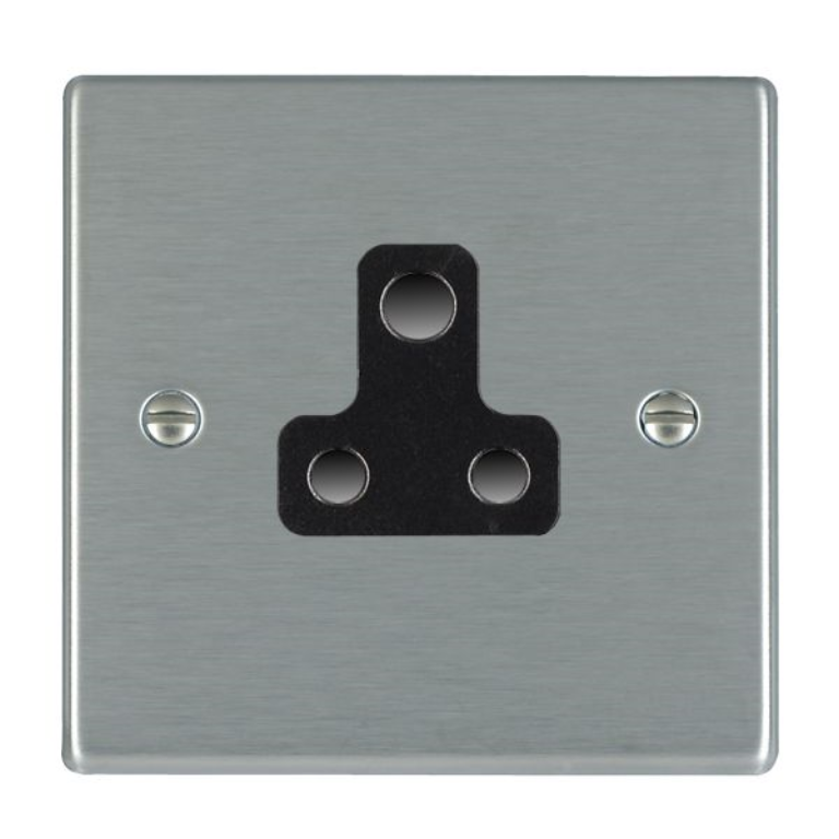 Hamilton Hartland Satin Stainless 1 Gang 5A Unswitched Socket with Black Plastic Inserts and Black Surrounds