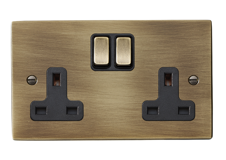 Hamilton Hartland Antique Brass 2G 13A DP Switched Socket with Antique Brass Inserts and Black Surround