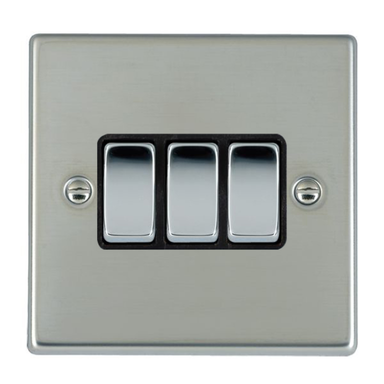 Hamilton Hartland Bright Stainless 3 Gang 10AX 2W Rocker Switch with Bright Chrome Inserts and Black Surround