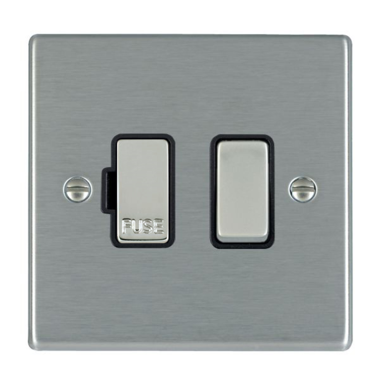 Hamilton Hartland Satin Stainless 1 Gang 13A Double Pole Fused Spur with Satin Stainless Inserts + Black Surround