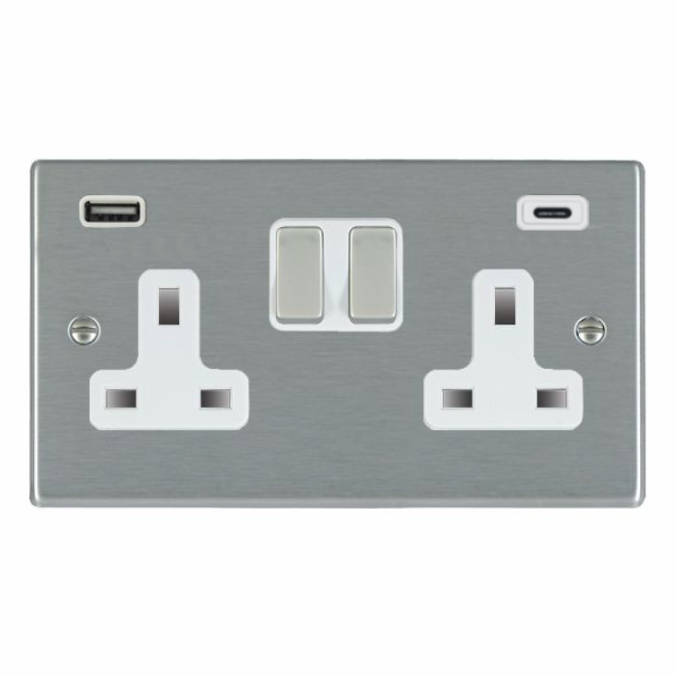 Hamilton Hartland Satin Steel 74SS2USBCSS-W Switched Double Socket USB+C 2G DP SS/Wh