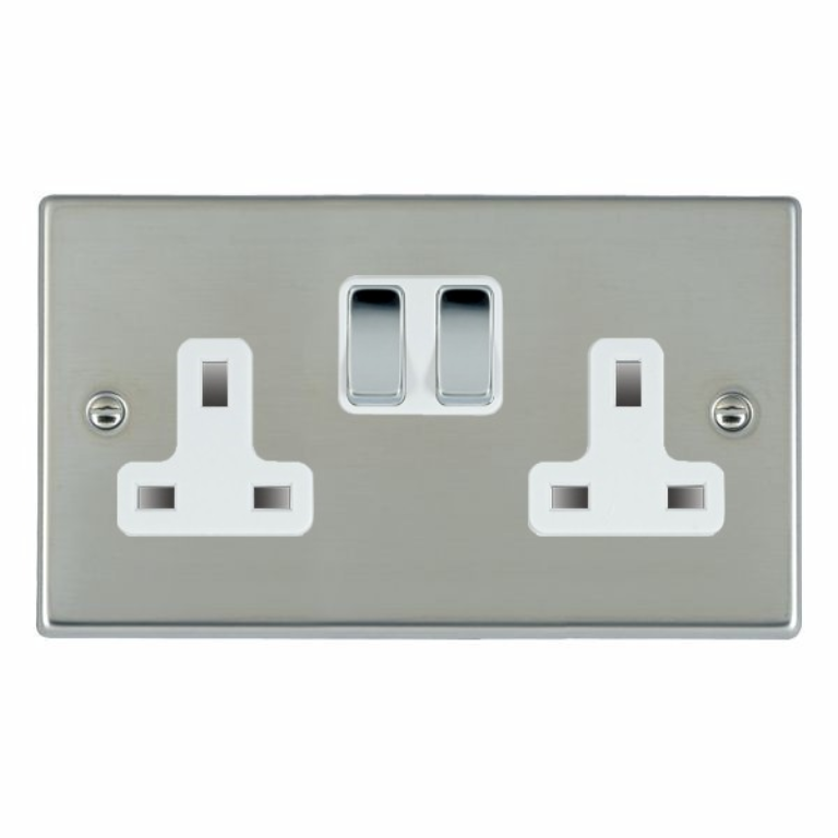 Hamilton Hartland Bright Stainless 2 Gang 13A Double Pole Switched Socket with Bright Chrome Inserts + White Surround