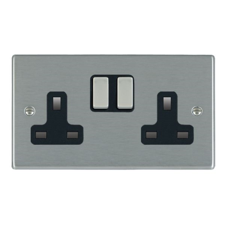 Hamilton Hartland Satin Stainless 2 Gang 13A Double Pole Switched Socket with Satin Stainless Inserts + Black Surround