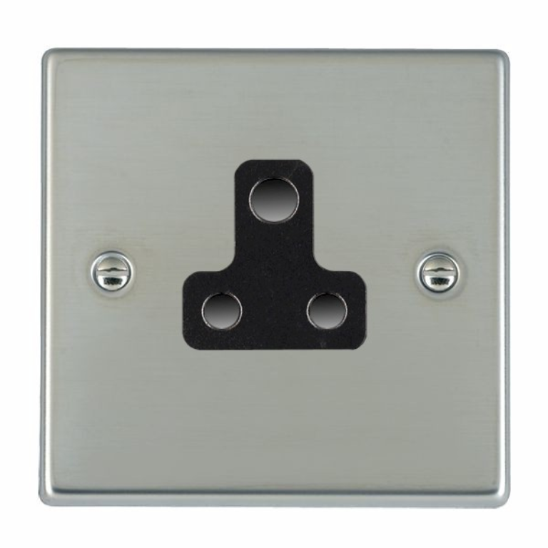 Hamilton Hartland Bright Stainless 1 Gang 5A Unswitched Socket with Black Plastic Inserts + Black Surround