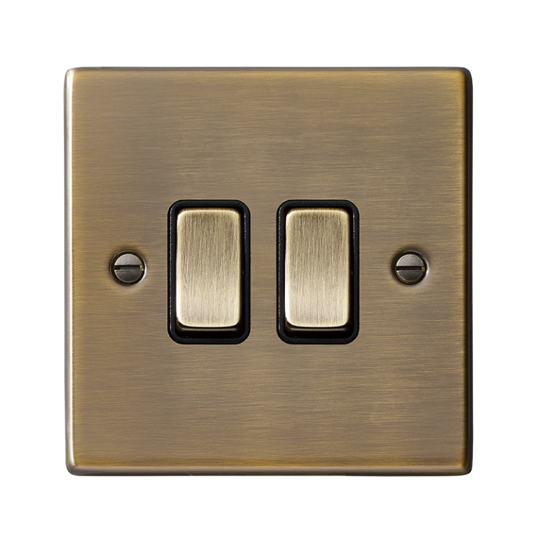 Hamilton Hartland Antique Brass 2 Gang 10AX 2W Rocker Switch with Antique Brass Inserts and Black Surrounds