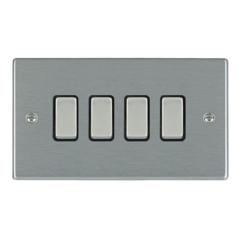 Hamilton Hartland Satin Stainless 4 Gang 10AX 2W Rocker Switch with Satin Stainless Inserts + Black Surround