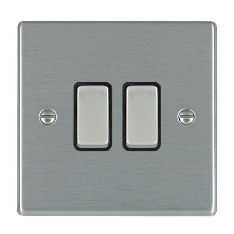 Hamilton Hartland Satin Stainless 2 Gang 10AX 2W Rocker Switch with Satin Stainless Inserts + Black Surround