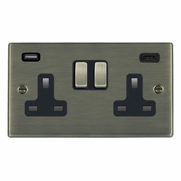 Hamilton Hartland Antique Brass 79SS2USBCAB-B Switched Double Socket USB+C 2G DP AB/Bk