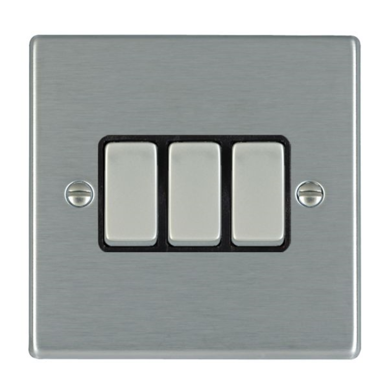 Hamilton Hartland Satin Stainless 3 Gang 10AX 2W Rocker Switch with Satin Stainless Inserts + Black Surround