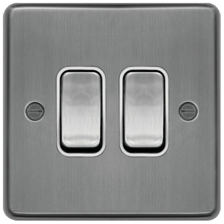 Switch 10AX 2 Gang 2 Way Brushed Steel/White