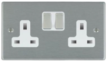 Hartland Satin Steel 2 gang 13A Double Pole Switched Socket Satin Steel/White