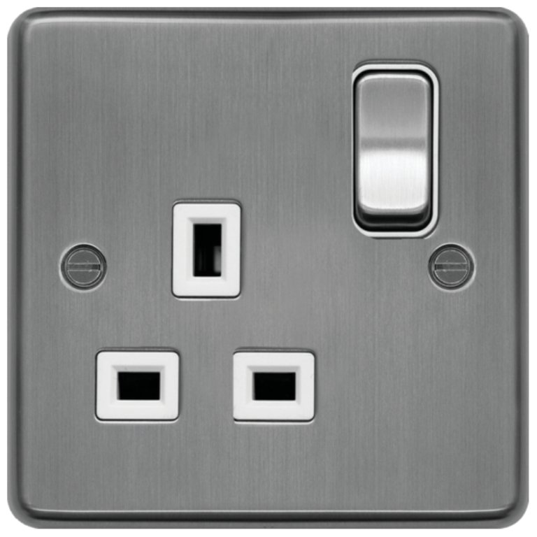 Switched Socket 13A 1 Gang Brushed Steel/White