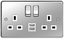 Socket 2 Gang DP Switched Dual Earth 13A Polished Steel 2X2.4A USBs&White