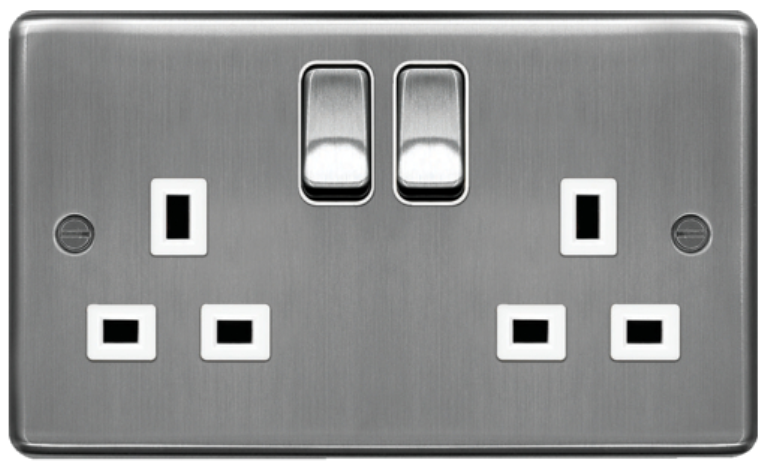 Switched Socket 13A 2 Gang Brushed Steel/White