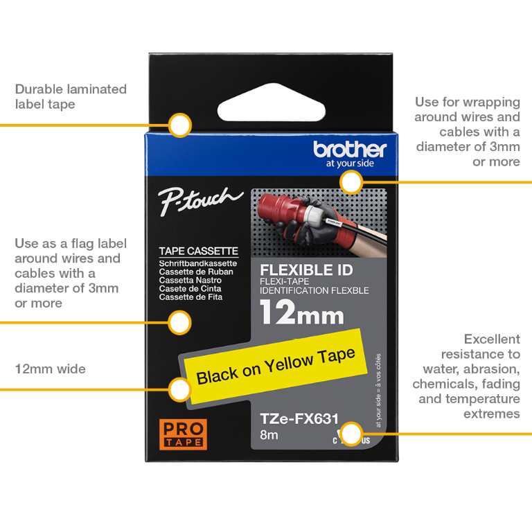 Brother TZFX631 Black on Yellow Gloss Laminated P-touch labelling tape 12mm x 8m