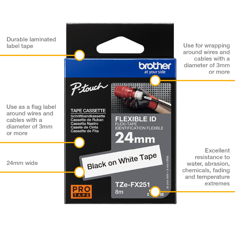 Brother TZFX251 Black on White Gloss Laminated P-touch labelling tape 24mm x 8m