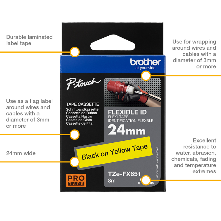 Brother TZFX651 Black on Yellow Gloss Laminated P-touch labelling tape 24mm x 8m