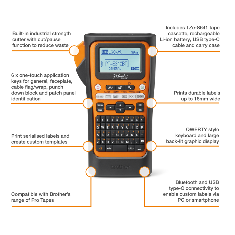 Brother PTE310BTVP Handheld industrial label printer with bluetooth (up to 18mm labels)