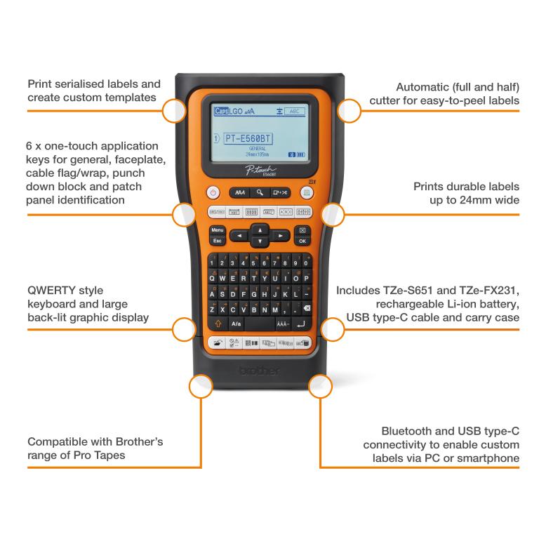 Brother PT-E560BTVP Handheld industrial label printer with bluetooth and auto-cutter (up to 24mm labels)