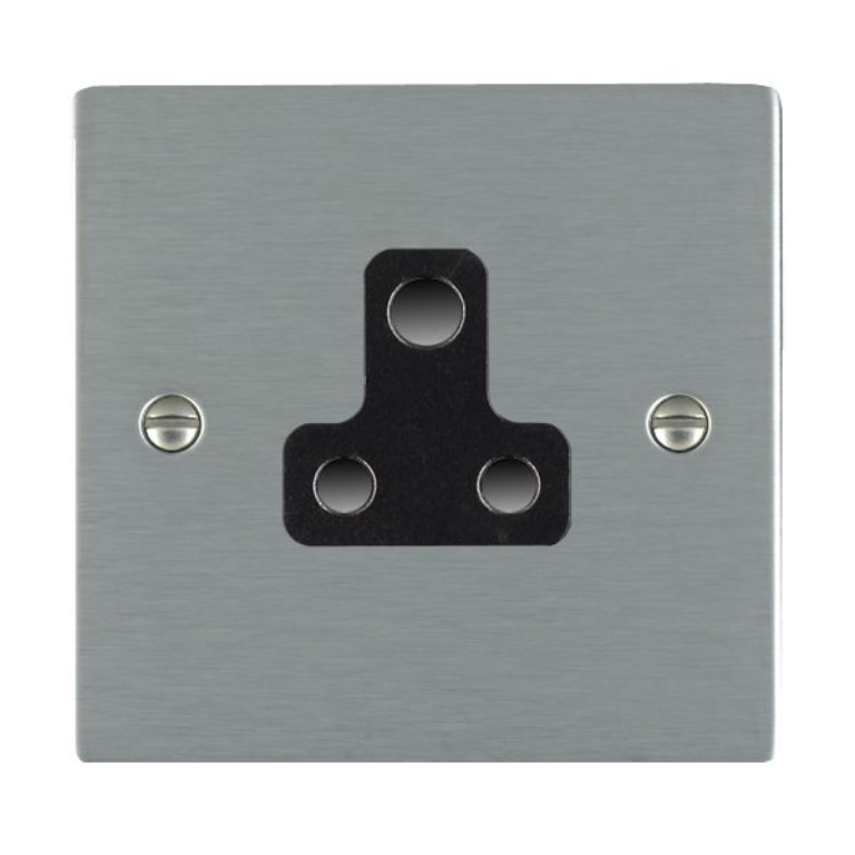 Hamilton Sheer Satin Stainless 1 Gang 5A Unswitched Socket with Black Plastic Inserts and Black Surrounds