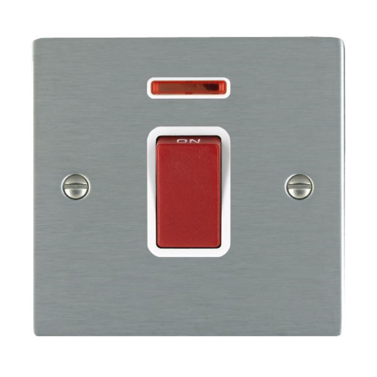 Hamilton Sheer Satin Stainless 1 Gang 45A Double Pole Red Rocker + Neon with White Surrounds