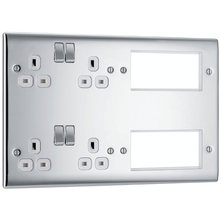 Combination Plate 2 x 13A Switched Socket + 8 Module Aperture Polished Chrome