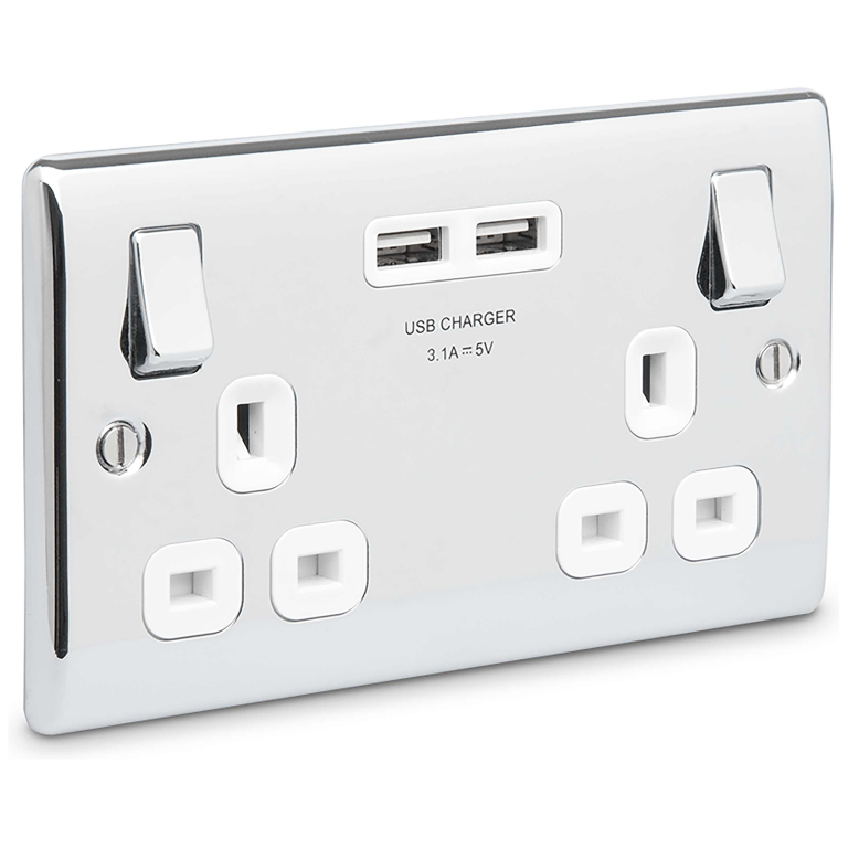 Nexus 2 Gang 13A Switched Socket With USB Polished Chrome