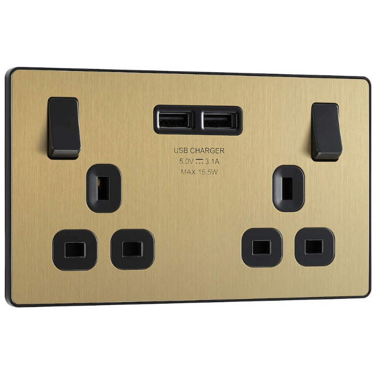 Switched Socket 13A 2 Gang With USB Satin Brass
