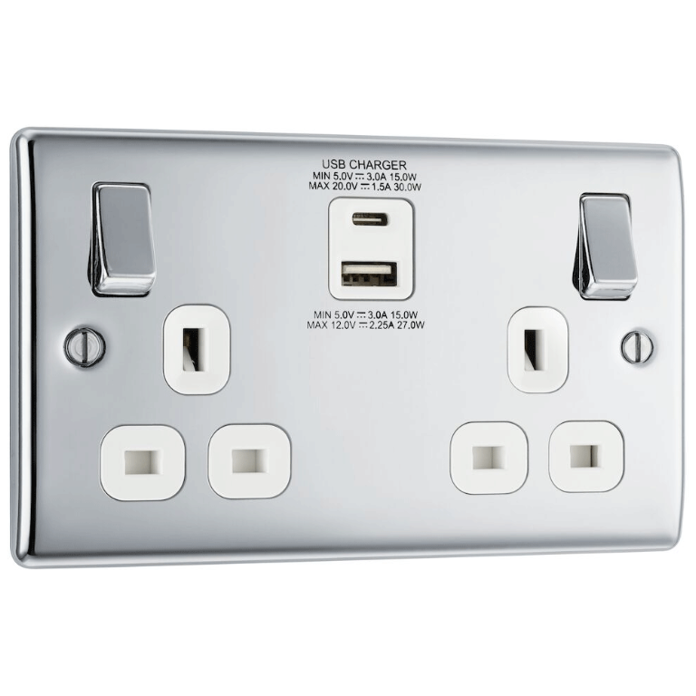 13A Switched Socket With USB A + C 30W Polished Chrome