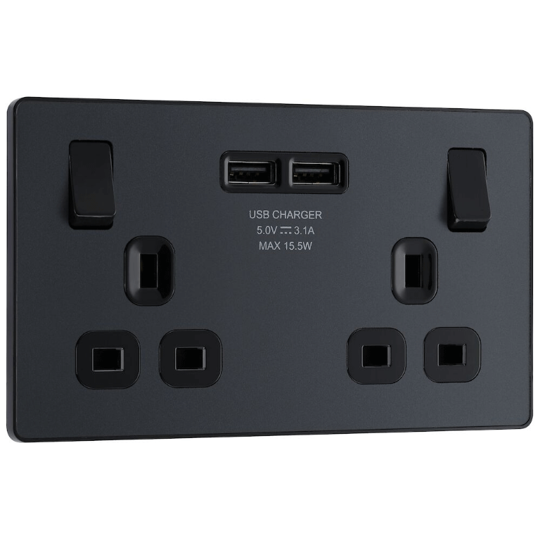 Switched Socket 13A 2 Gang With USB Matt Grey