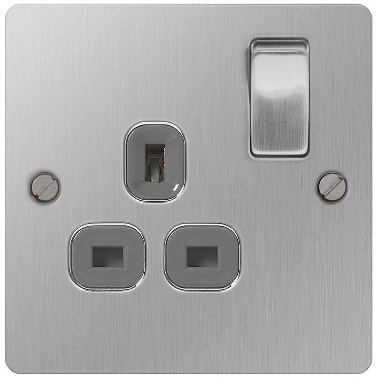 Flat Plate Switched Socket 13A 1 Gang Double Pole Brushed Steel